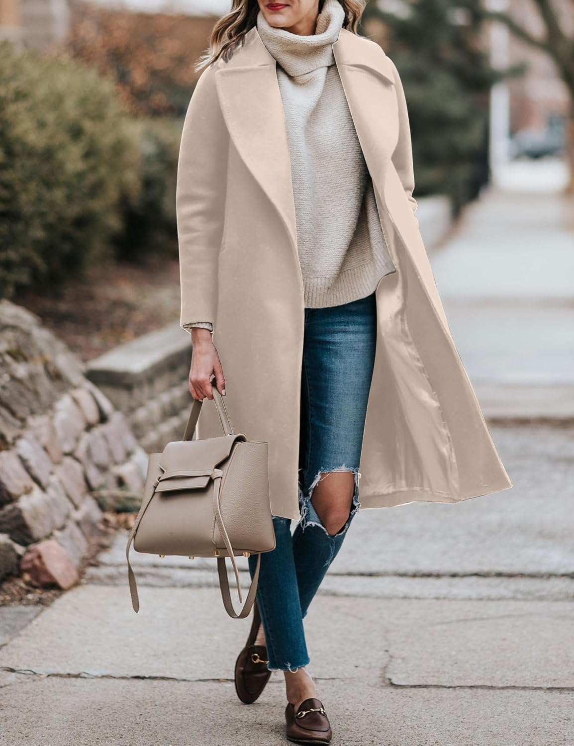 BZB Women's Trench Coat Long Wool Blend Pea Coat Winter Casual Overcoat Notched Lapel Collar Belted Long Jacket Outerwear - Image 2