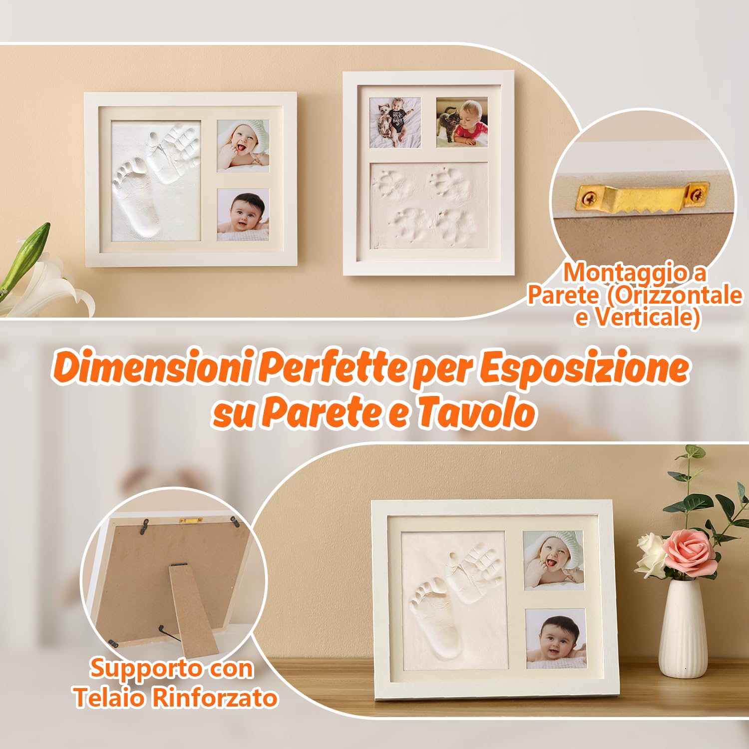 PewinGo Cornice Impronta Mani e Piedi Neonati Argilla, Cornice Impronte Neonato Dermatologicamente Testato,Kit Impronta Neonato Ideale per Regalo Originale e Regalo per il Battesimo-Bianco