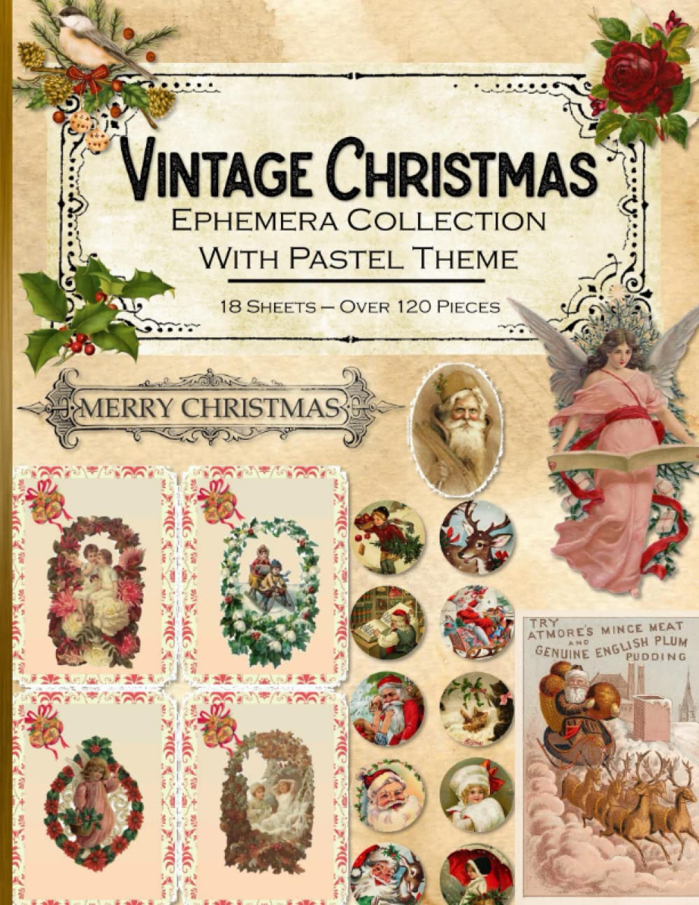 Vintage Christmas Ephemera Collection with Pastel Theme: 18 Sheets and Over 120 Pieces for Cut Out and Collage Projects, DIY Cards, Scrapbooking, ... Media - Bonus with Advent Calendar Sheet