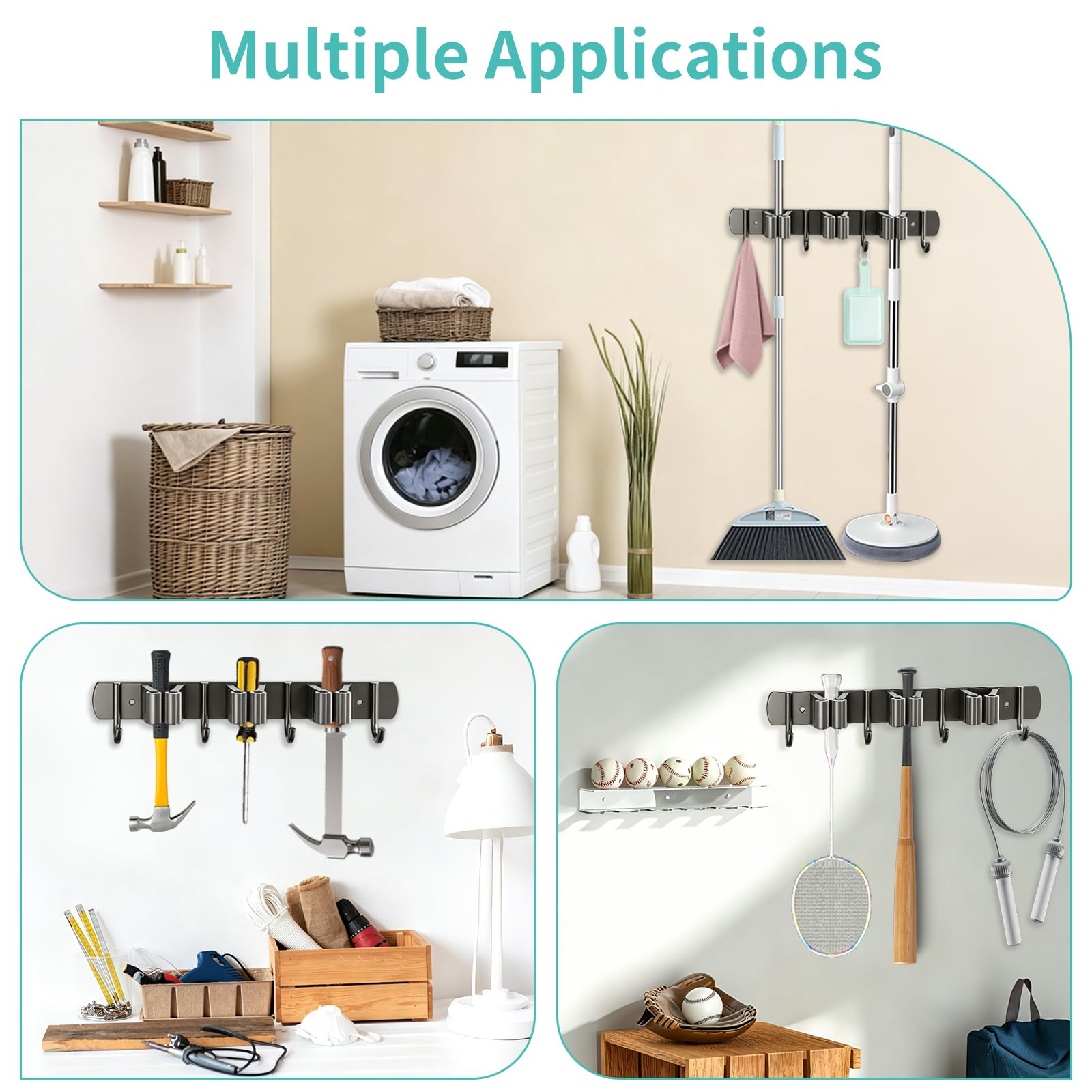 Porta Scope da Parete 3 Supporti con 4 Ganci Portascope da Muro Appendibile in Acciaio Inox Appendi Scope a Muro Adesivo Appendiscope Organizer per Cucina, Garage, Giardino, Terrazza, Bagno