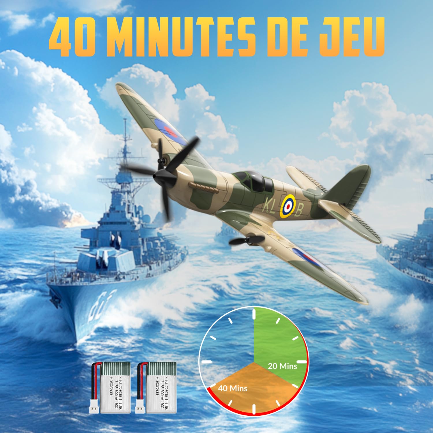 HAWK'S WORK Avion RC 3 Canaux Spitfire Fighter, Avion de Guerre Télécommandé Prêt à Voler, 2.4GHz 6-Axis Gyro Stabilizer