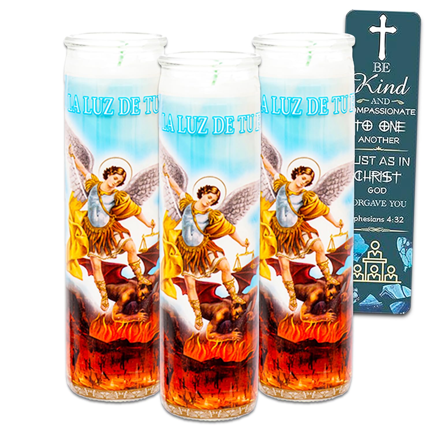3 Pack Saint Michael the Archangel White Religious Candles - Bundle with 8" Michael the Archangel Candles for Vigils, Prayers, Blessing Ceremonies, and More Plus Bookmark | Devotional Candles in Glass