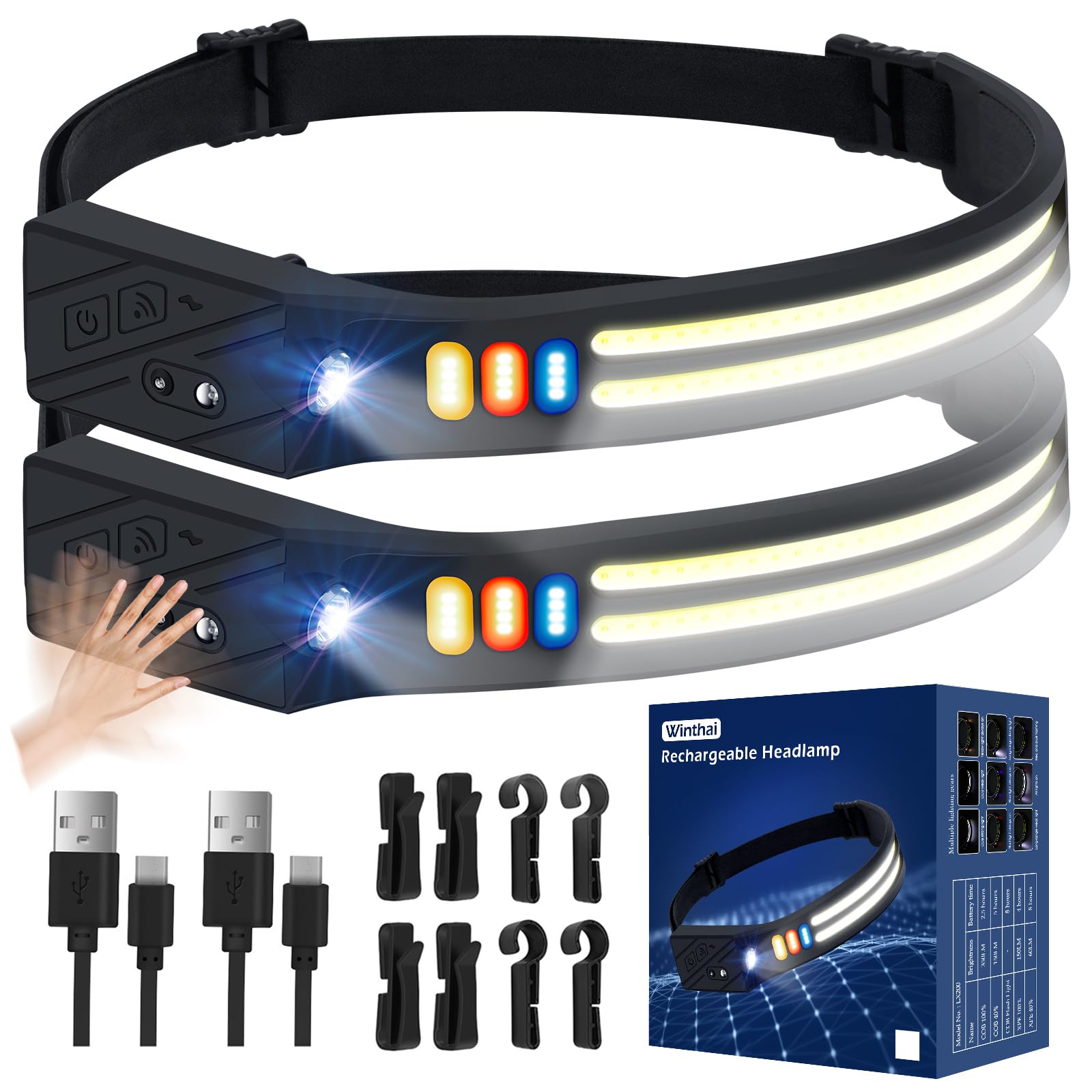 Winthai Lampe frontale LED rechargeable - 2 cm - Ultra fine - 1500 mAh - Capteur intelligent - Lampe frontale LED super lumineuse avec 9 modes d'éclairage - 4 couleurs - 90 g - Étanche IPX4 - Pour la