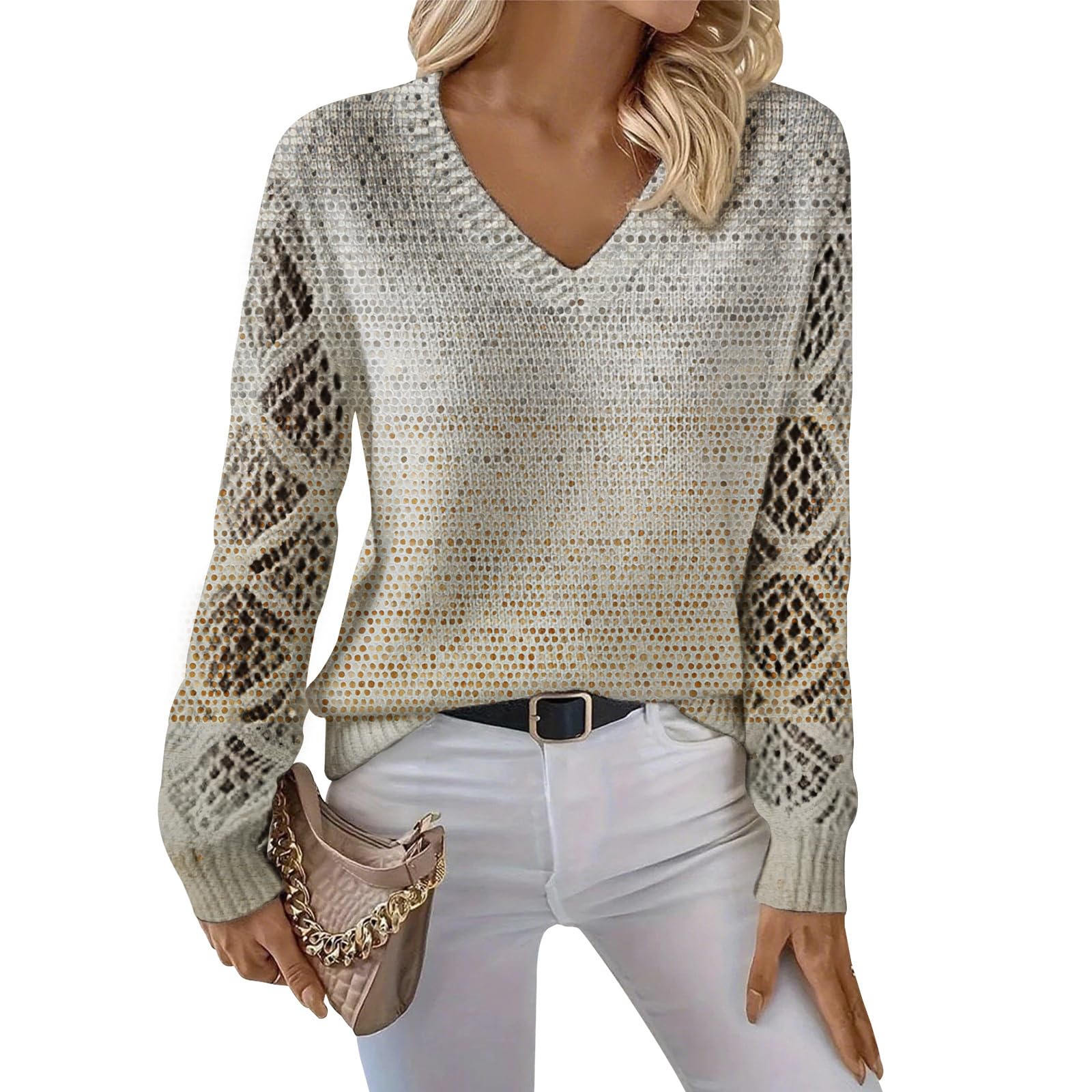 HOTYD Womens Floral Fall Sweaters Casual Hollow Out Sleeve Ribbed Knit Pullover V Neck Lightweight Pullover Sweater Top
