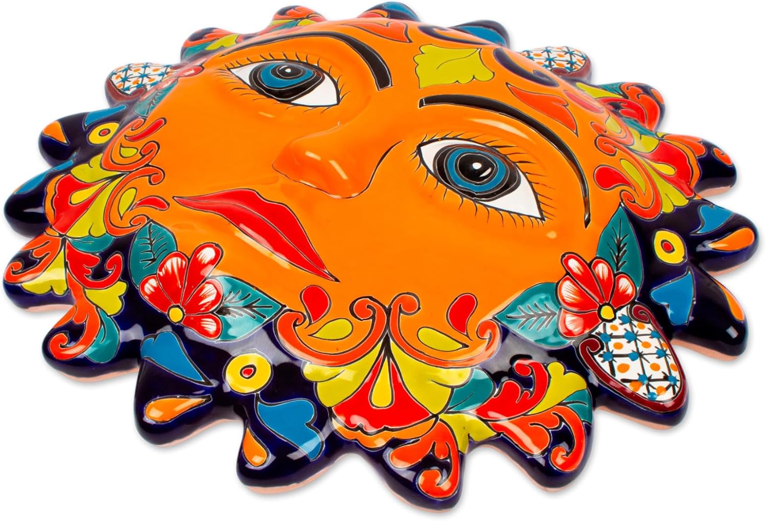 NOVICA Handmade Talavera Style Ceramic Plaque Orange Sun Wall from Mexico Multicolor Decor Plaques and Moon Hand Painted Hacienda 'Seor Sol'