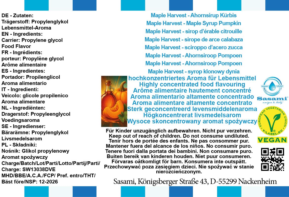 Maple Harvest - sciroppo d’acero zucca aroma concentrato - vegano - Sasami - 100ml