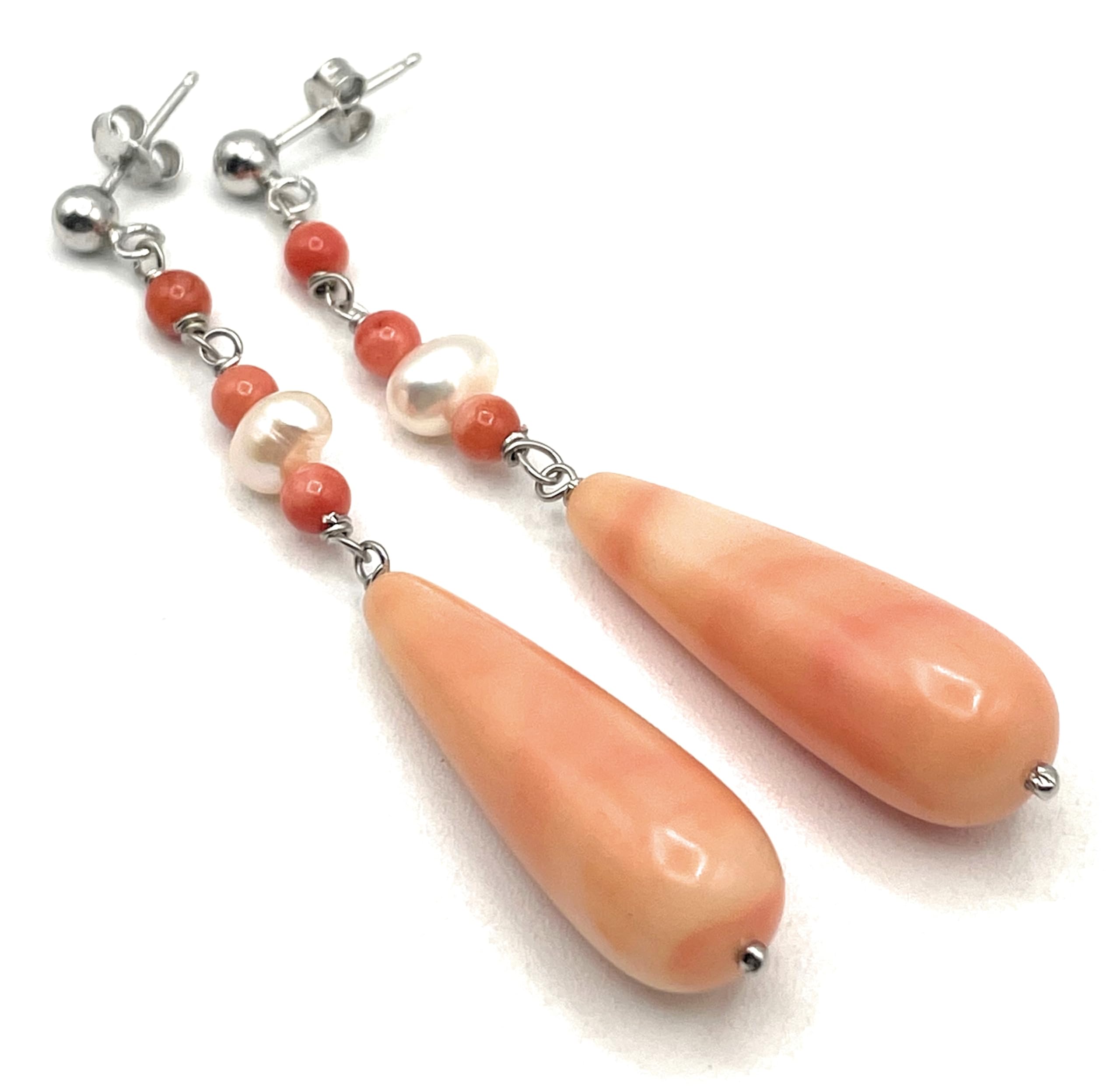Orecchini Corallo Rosa e Perle Naturali, Pendenti in Argento 925 Made in Italy, Gioielli Pietre Dure, Bijoux Artigianali, Regalo per Lei