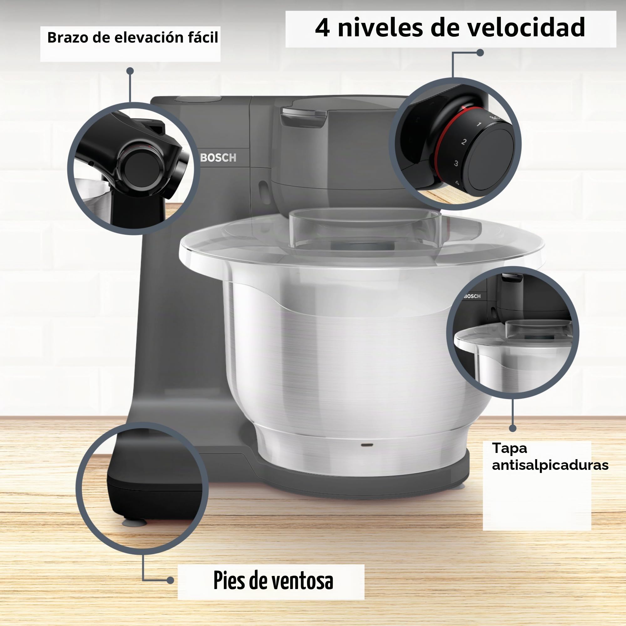 Bosch Robot de cocina MUM Serie 2 MUMS2EB01, cuenco de acero inoxidable de 3,8 L, agitador planetario, gancho para amasar, batidor, batidor de acero inoxidable, 3 discos, 700 W, negro