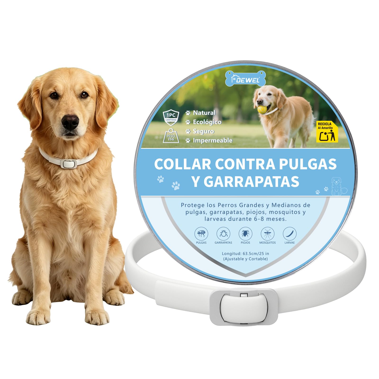 DEWEL Collar Antiparasitarios para Perros Grandes y Medianos 63,5 cm, Protege Perros de Pulgas, Garrapatas, Mosquitos, Piojos de 8 Meses, Cuello contra Pulgas y Garrapatas Ajustable Blanco