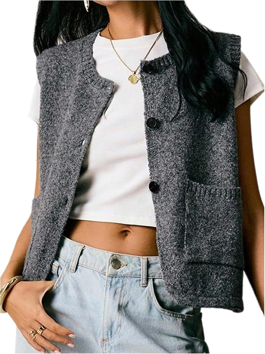 SOLY HUX Women's Button Down Sweater Vest Sleeveless Crew Neck Knit Tank Tops with Pockets Trendy Fall Outfits - Image 5