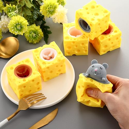 Miniatura 4 de Paquete de 6 juguetes de queso para el estrés, ratas, ratones en queso, sensorial, alivio de la ansiedad, juguete de oficina, juguetes para la
