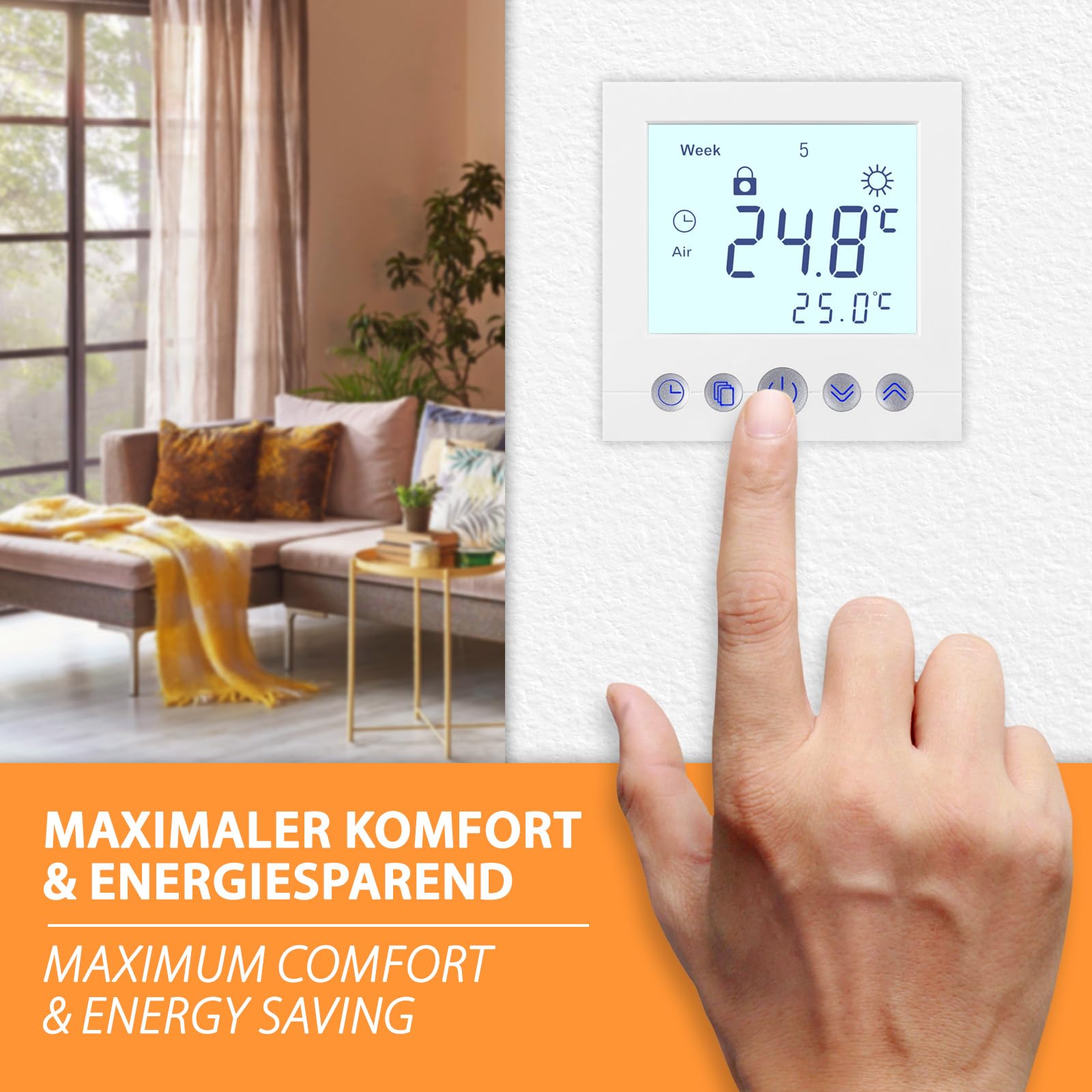 Thermostat numérique encastré blanc avec écran de 8 cm de diagonale - Programmation hebdomadaire - Sécurité enfant - Pour chauffage au sol électrique ou à eau