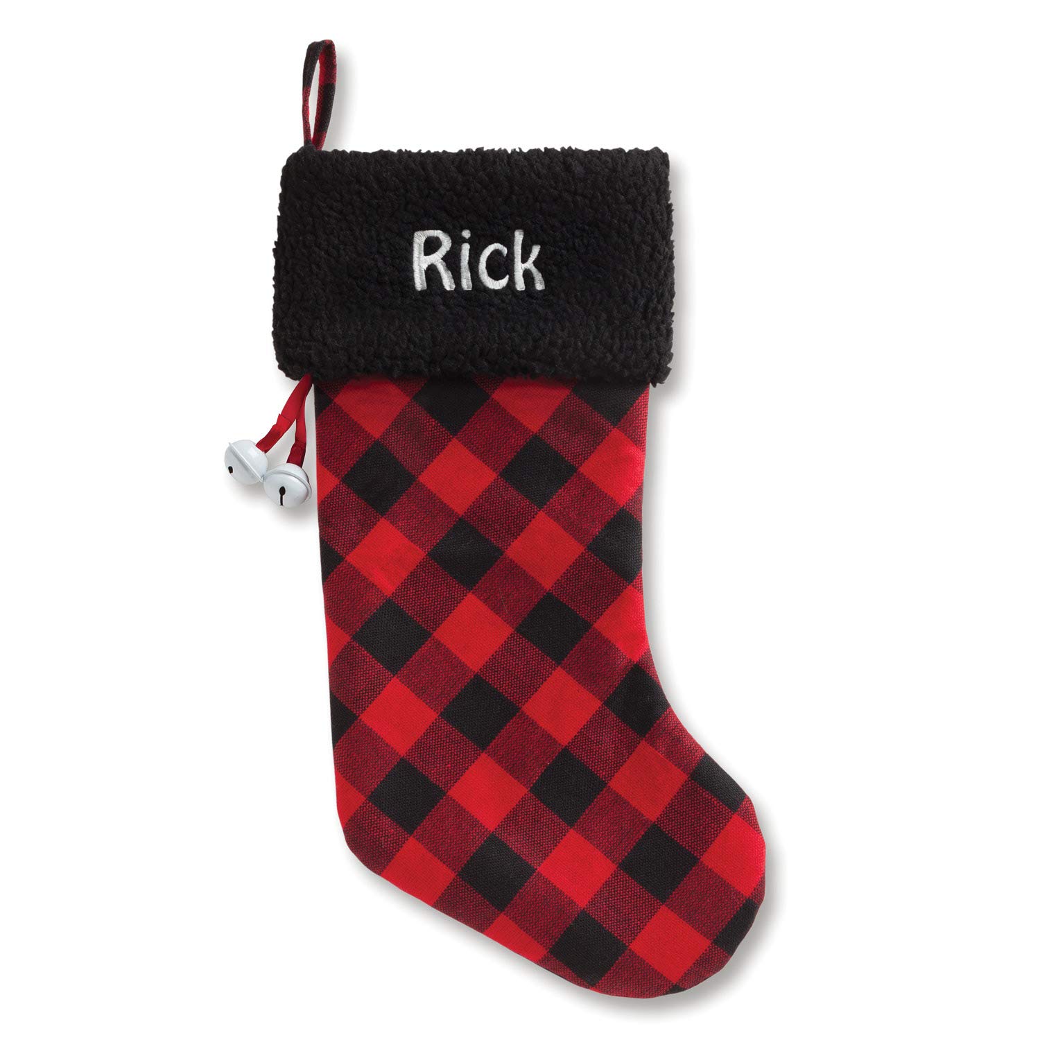 Personalized Planet Buffalo Plaid Christmas Stocking with Custom Name Embroidered | Black Cuff | Fun Festive Christmas Home Décor | Jingle Bell Accents Stitched on Christmas Stocking Ready to Hang