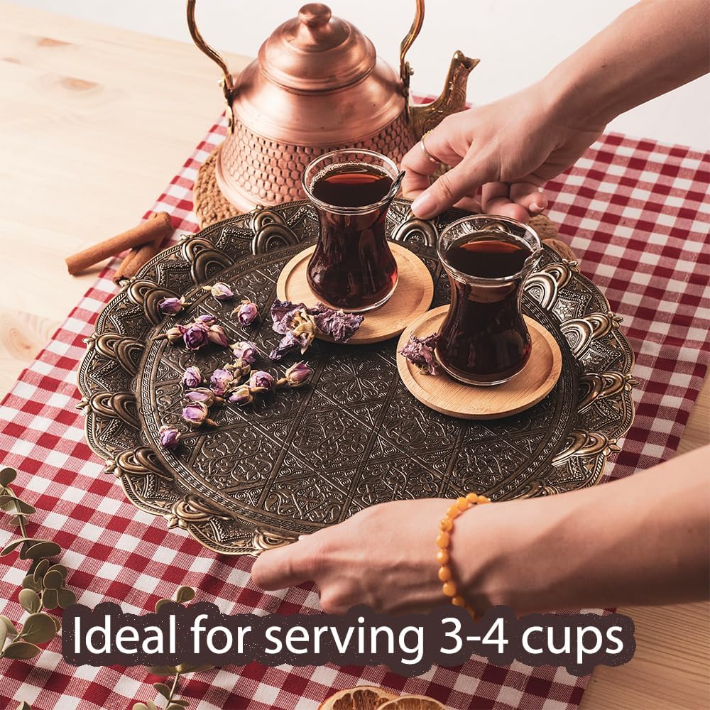 Round Antique Turkish Coffee Tea Serving Table Home Decor Tray Decorative Circle - Arabic Centerpiece Vintage Bar Outdoor Party Platter Farmhouse Kitchen Dresser Moroccan Teapot Style Tray