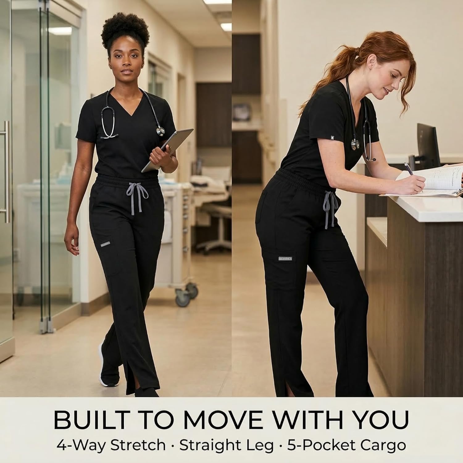 Silvatica Women's Straight Leg Scrub Pants | Cargo, 5 Pockets, Drawstring | 4-Way Stretch Turkish Fabric Medical Uniform