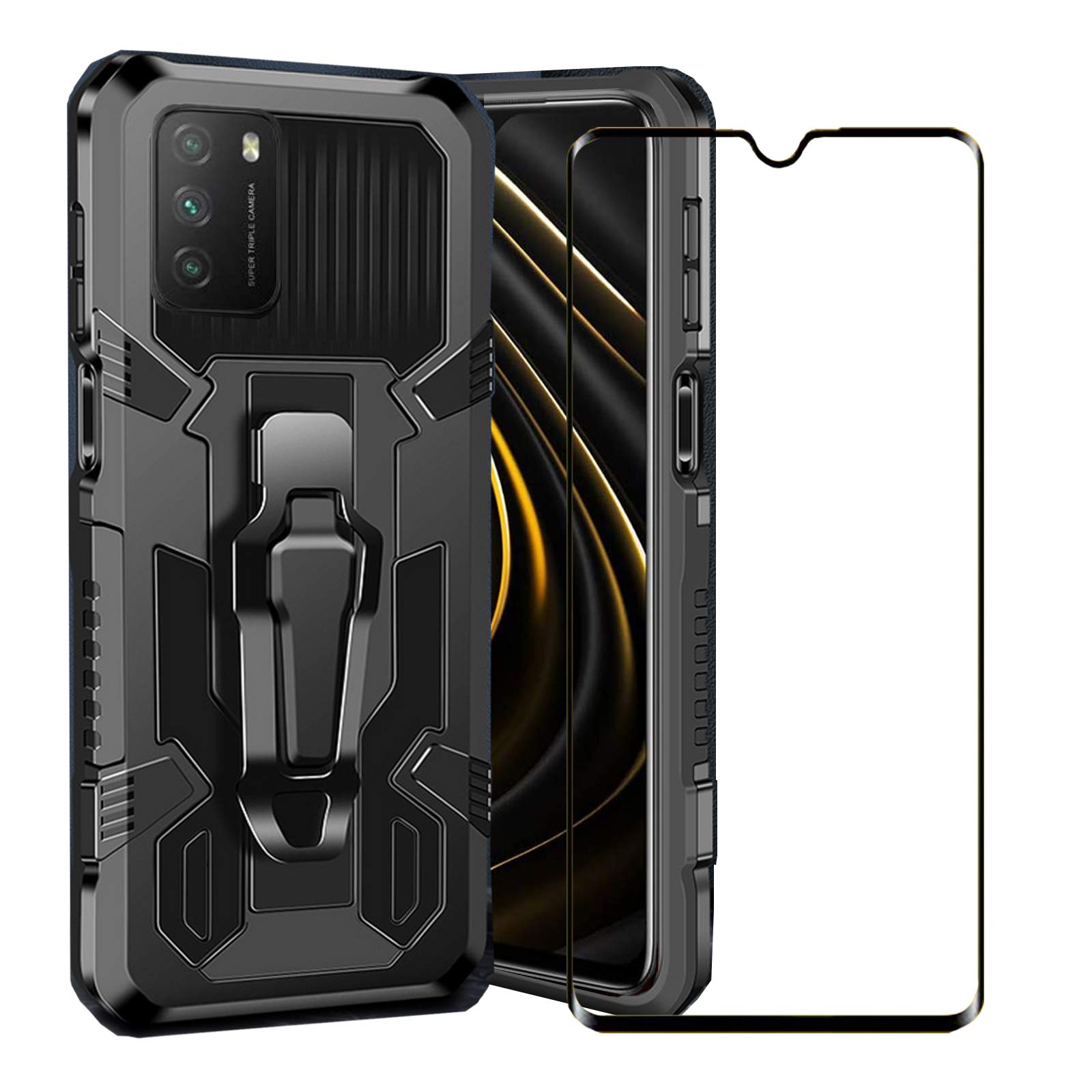 BTShare for Xiaomi Poco M3 Case with Tempered Glass Screen Protector, Heavy Rugged Anti-Scratch Shockproof Kickstand Cover with Belt Clip, Black