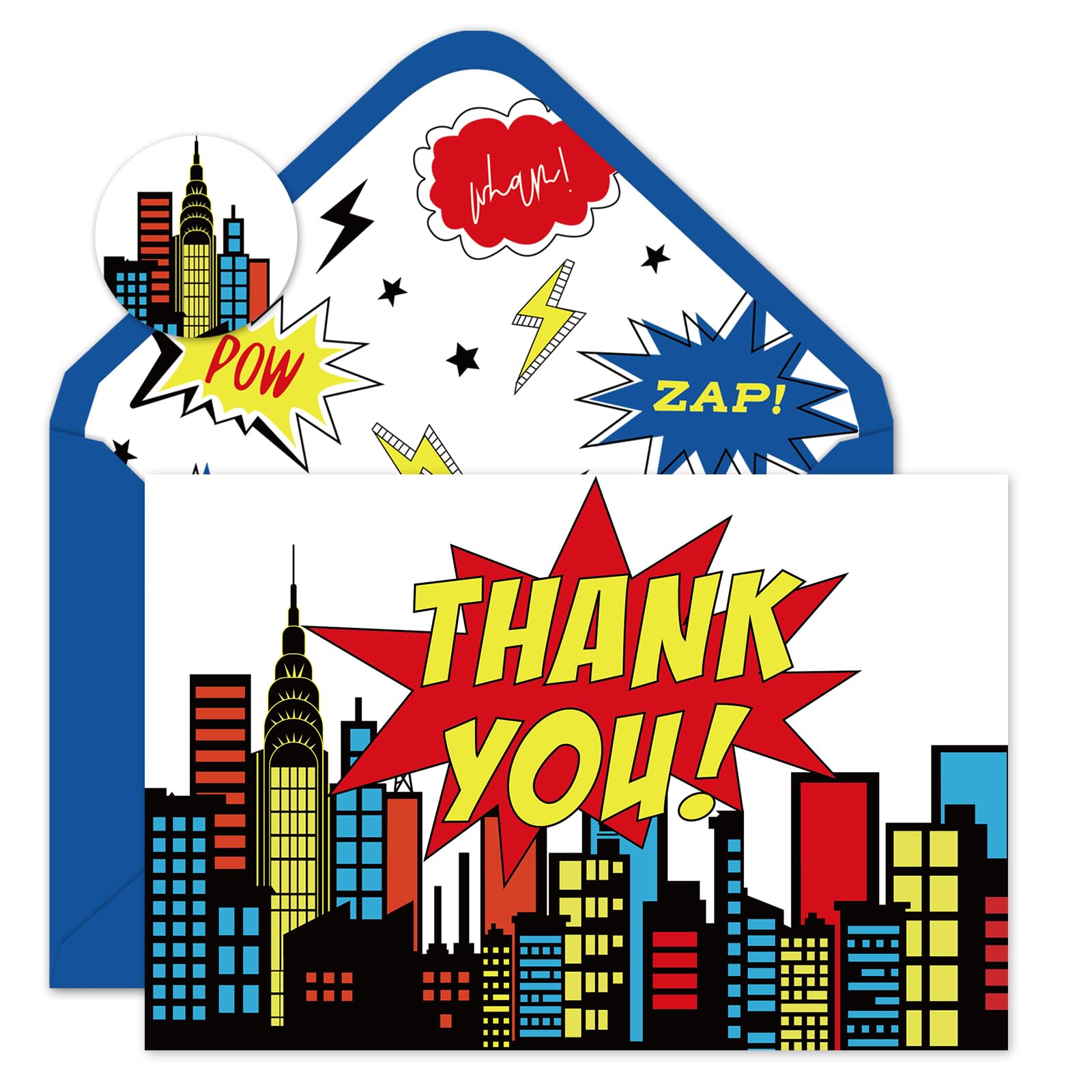 FYSUIMU 50 Pack Super Hero Thank You Cards Father‘s Day Boxed Skyline Building Greeting Cards with Envelopes Stickers Blank Note Cards for Birthday