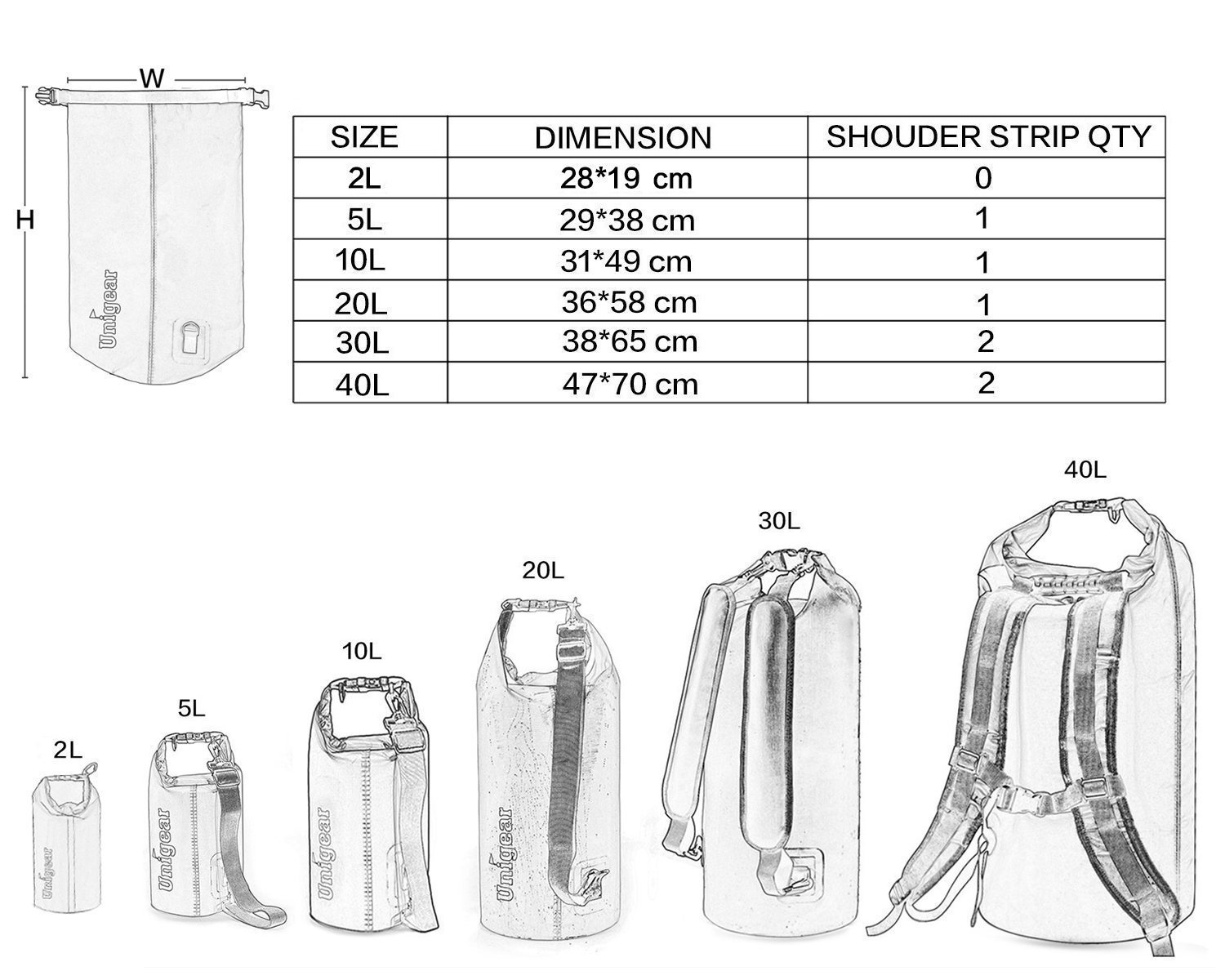 Unigear Wodoszczelna torba 2 l ~ 40 l, wodoszczelna torba + pokrowiec ochronny na telefon komórkowy, kemping, plażę, czarna, 40 l