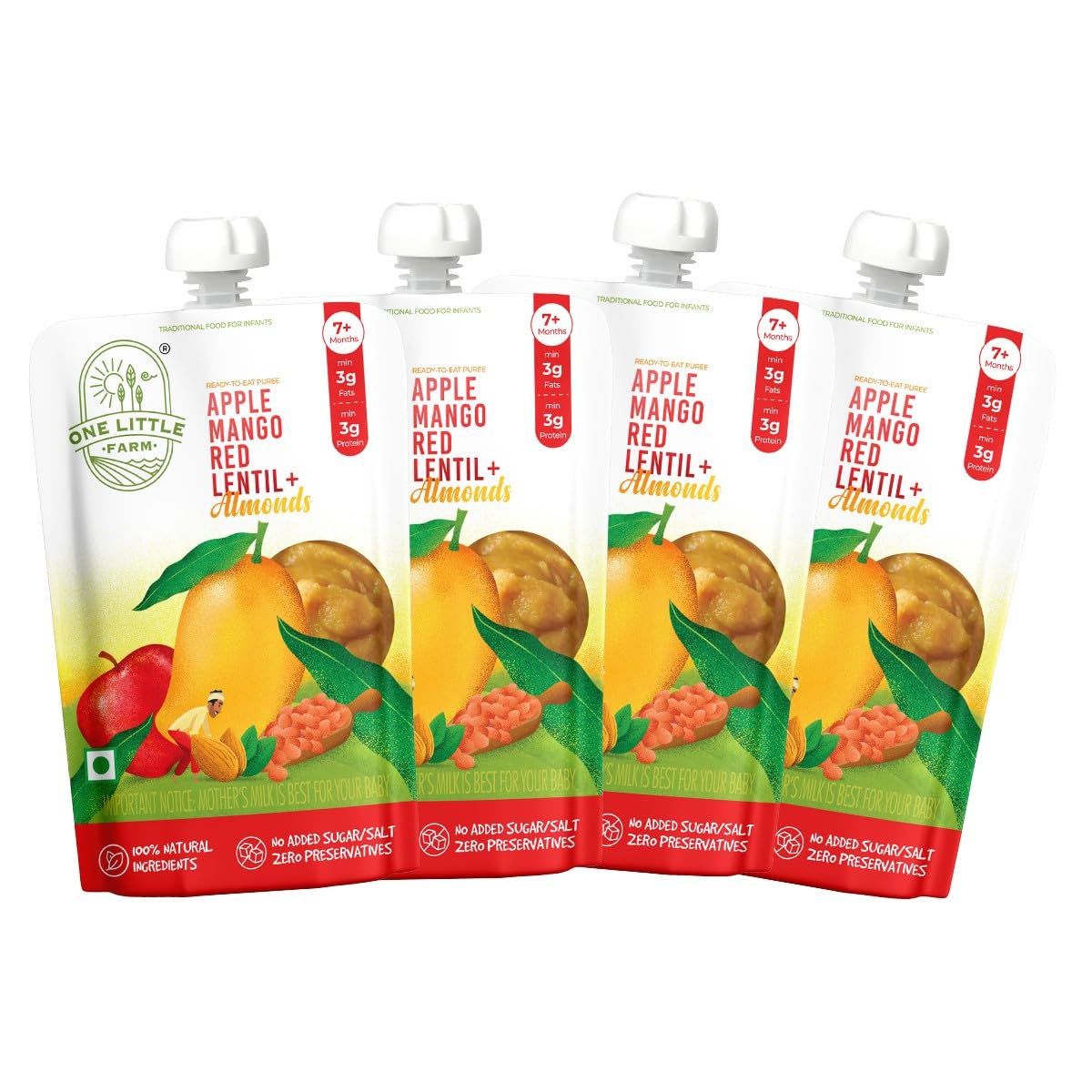 Baby Food Puree Pouch | 7+ Months | Apple Mango Red Lentil Almonds | 100% Natural, No Preservatives, No Sugar | 4g Protein, 4g Healthy Fats | Ready-to-Eat | Pack of 4, 100g Each