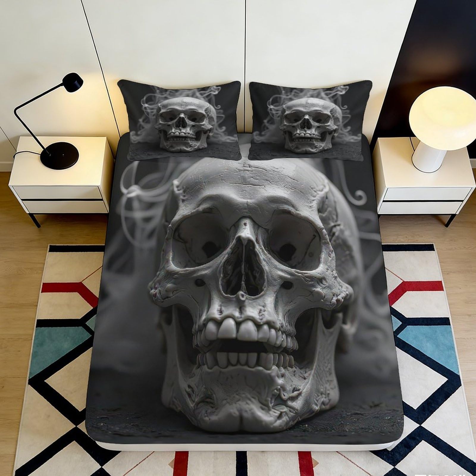 3D Printed Smoke Skull Fitted Sheet Microfiber Soft Mattress Cover for Bedroom Dorm Decor Easy Care 90x200x25cm