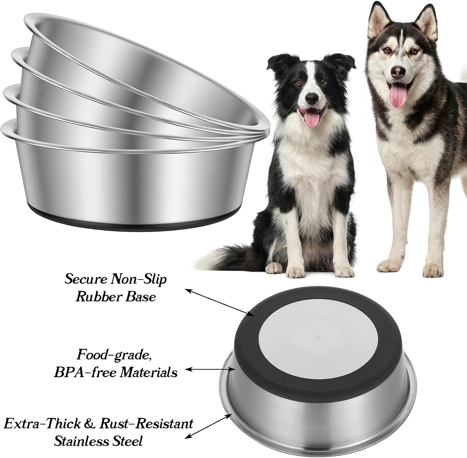 4-Pack Heavy Duty Stainless Steel Dog Bowls with Non-Slip Base – 8 Cup (64 oz) Rust-Resistant Metal Food & Water Dishes for Medium & Large Dogs image 4