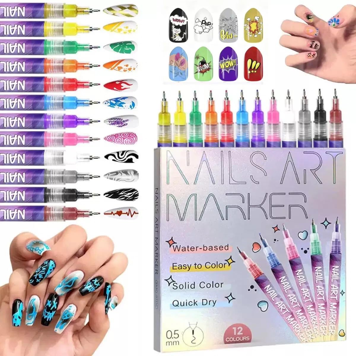 3D Nail Art Pens Set - 0.5MM Fine Tip Quick-Drying Acrylic Paint Markers, Multicolor Dotting Liner Brush for DIY Nail Design, Portable Manicure Tools for Home Salon Beginners (24 Pcs)