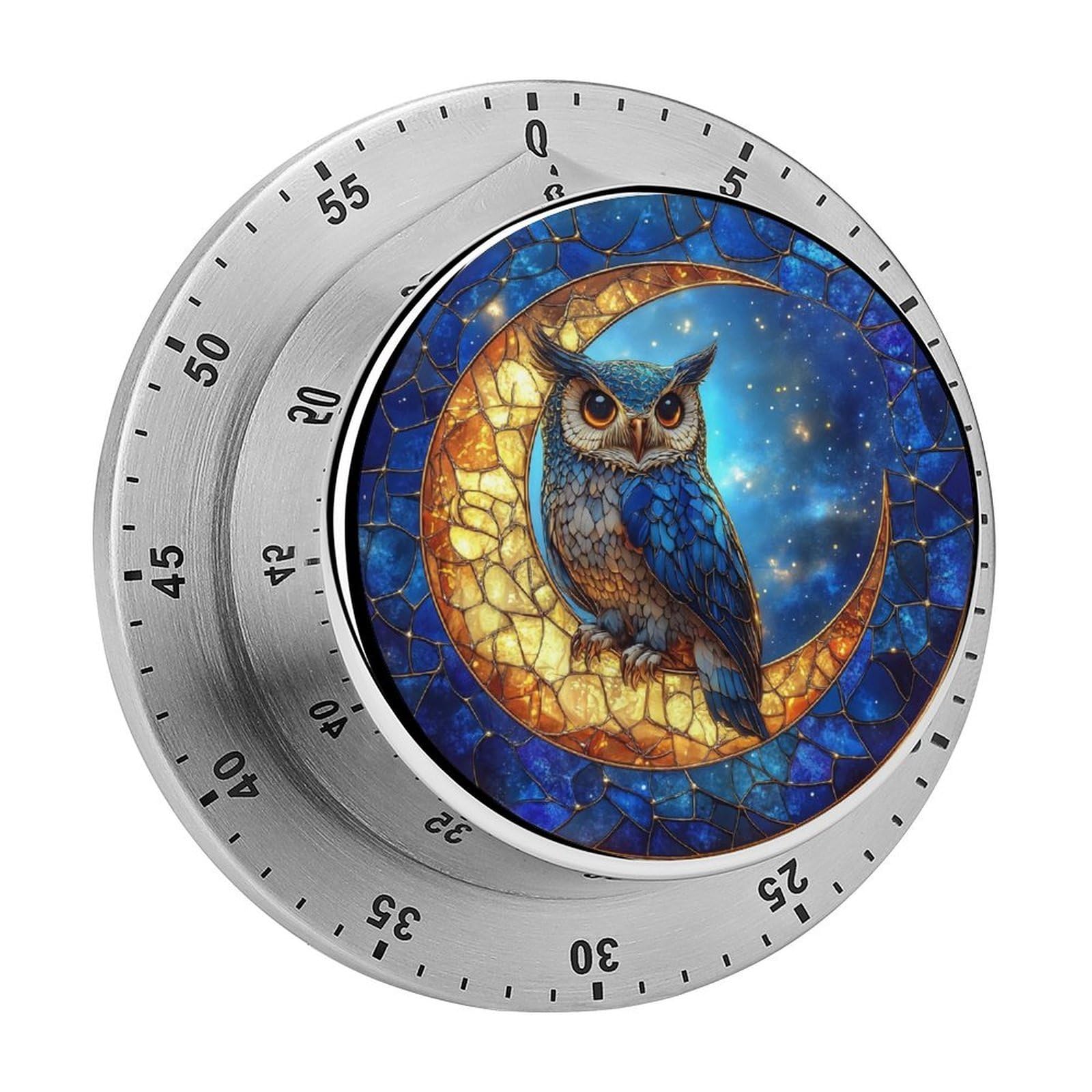 Stained Glass Owl on Crescent Moon Kitchen Timers