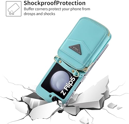 Miniatura 7 de Para Samsung Galaxy Z Flip 5 Lujosa funda de cuero con cremallera ofrece 6 ranuras para tarjetas, con correa para la muñeca y correa de hombro