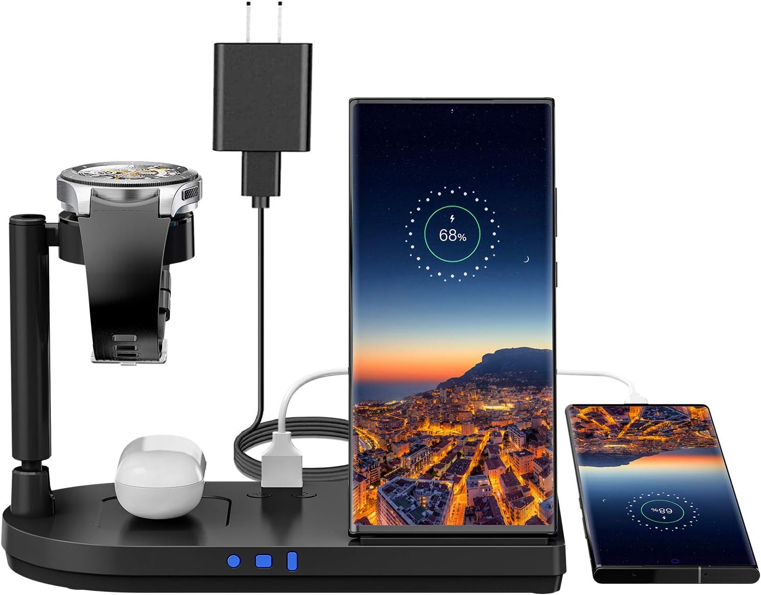 4 in 1 Wireless Charging Station for Samsung, Foldable Wireless Charger with Night Light for Galaxy Z Flip3/S23/22/21/20/10/Note7 Series, Travel Charging Stand for Galaxy Buds, Watch 5/4/Active/GS4