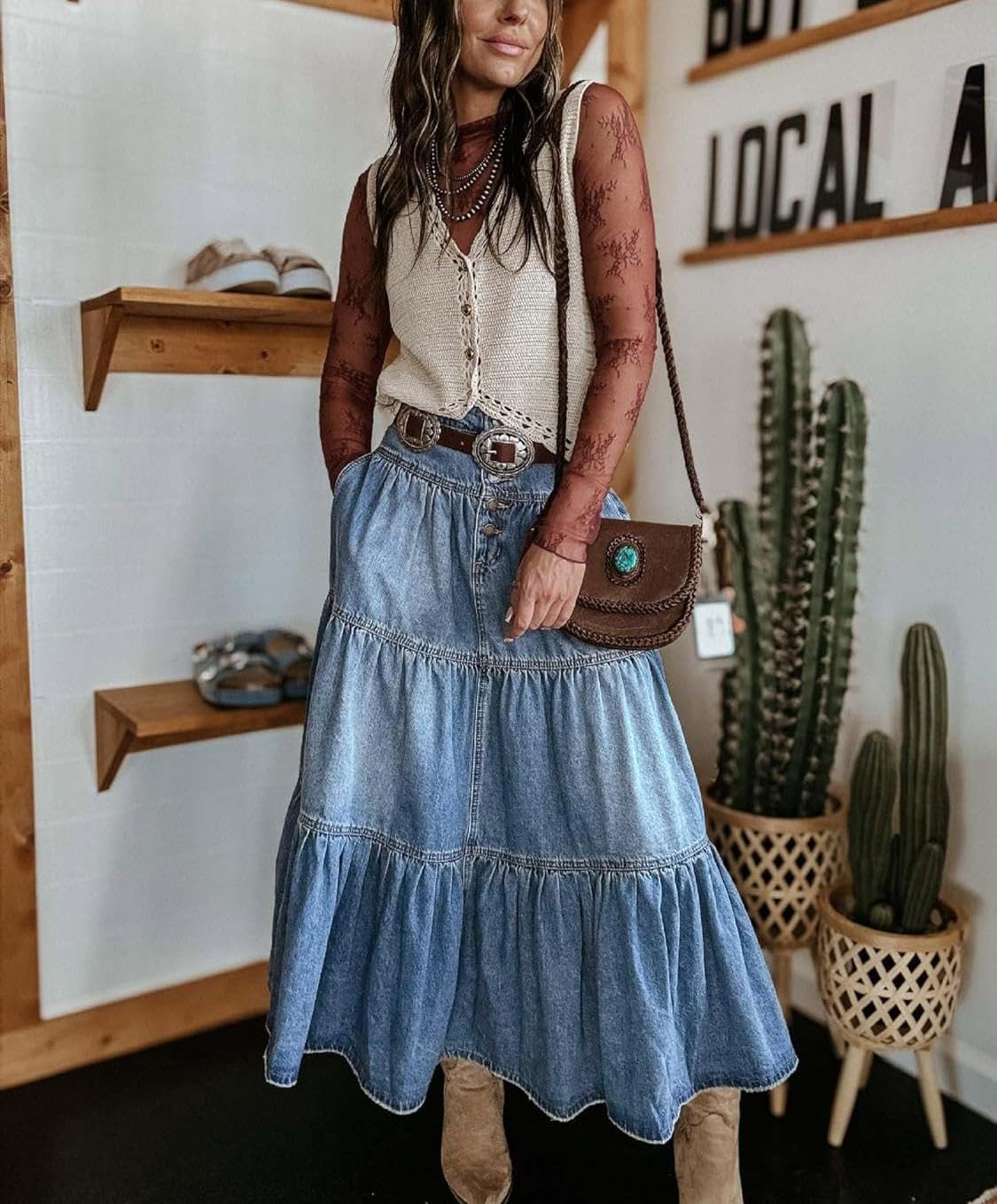 yoeasy Women's High Waist Denim Maxi Skirt Button Boho Flowy Pleated Tiered Ruffle Swing A-Line Jean Long Skirt - Image 3