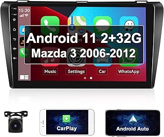 [2+32G] Android 11 Car Stereo for Mazda 3 2006-2012,9 Inch Touch Screen Car Radio Support Apple Carplay&Android Auto GPS WiFi Bluetooth FM/RDS Radio SWC Dual USB/AUX-in+Backup Camera +Microphone