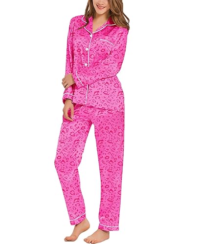 SWOMOG Womens Silk Satin Pajamas Set Long Sleeve Button Down Sleepwear 2 Piece Lounge Set Pj Set XS-3XL - 3X-Large - Hot Pink Leopard