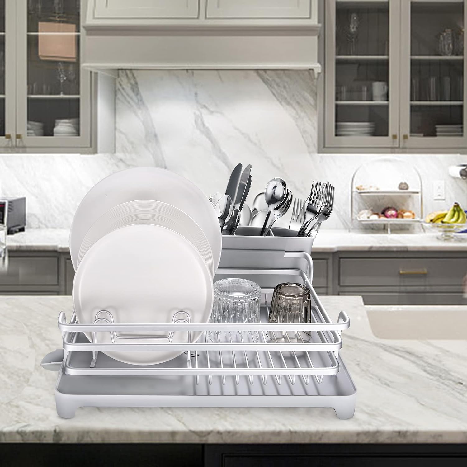 HBlife Aluminum Dish Drying Rack, Never Rust Sink Dish Drying Rack with Utensil Holder, Removable Plastic Drainer Tray with Adjustable Swivel Spout(Silver Gray)