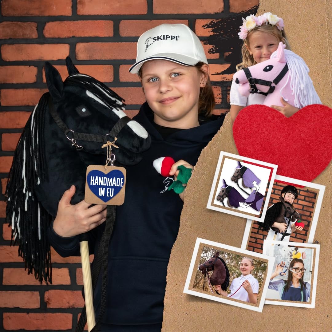 SKIPPI Hobby Horse Schwarz, A3 Steckenpferd mit Halfter und Zügeln im Set | Schwarzes Stockpferd mit Blesse und zweifarbiger Mähne, Hobby Horsing Pferd