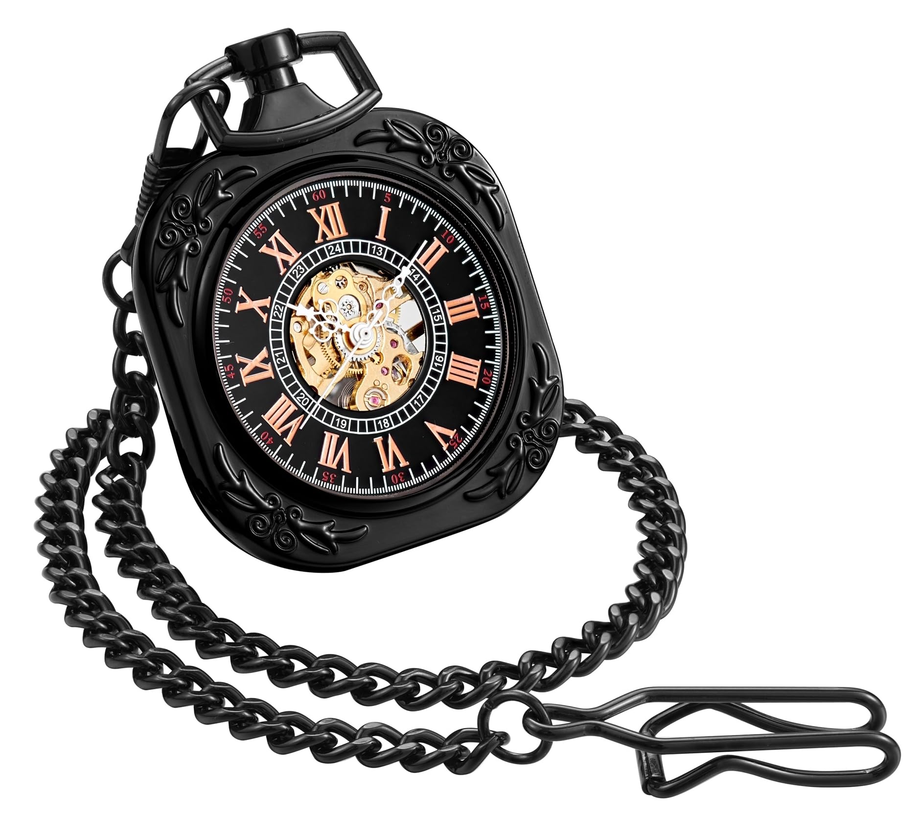 Zegarek kieszonkowy czarny szkielet mechaniczny ruch ręka wiatr cyfry rzymskie kwadratowa tarcza Steampunk PW-70