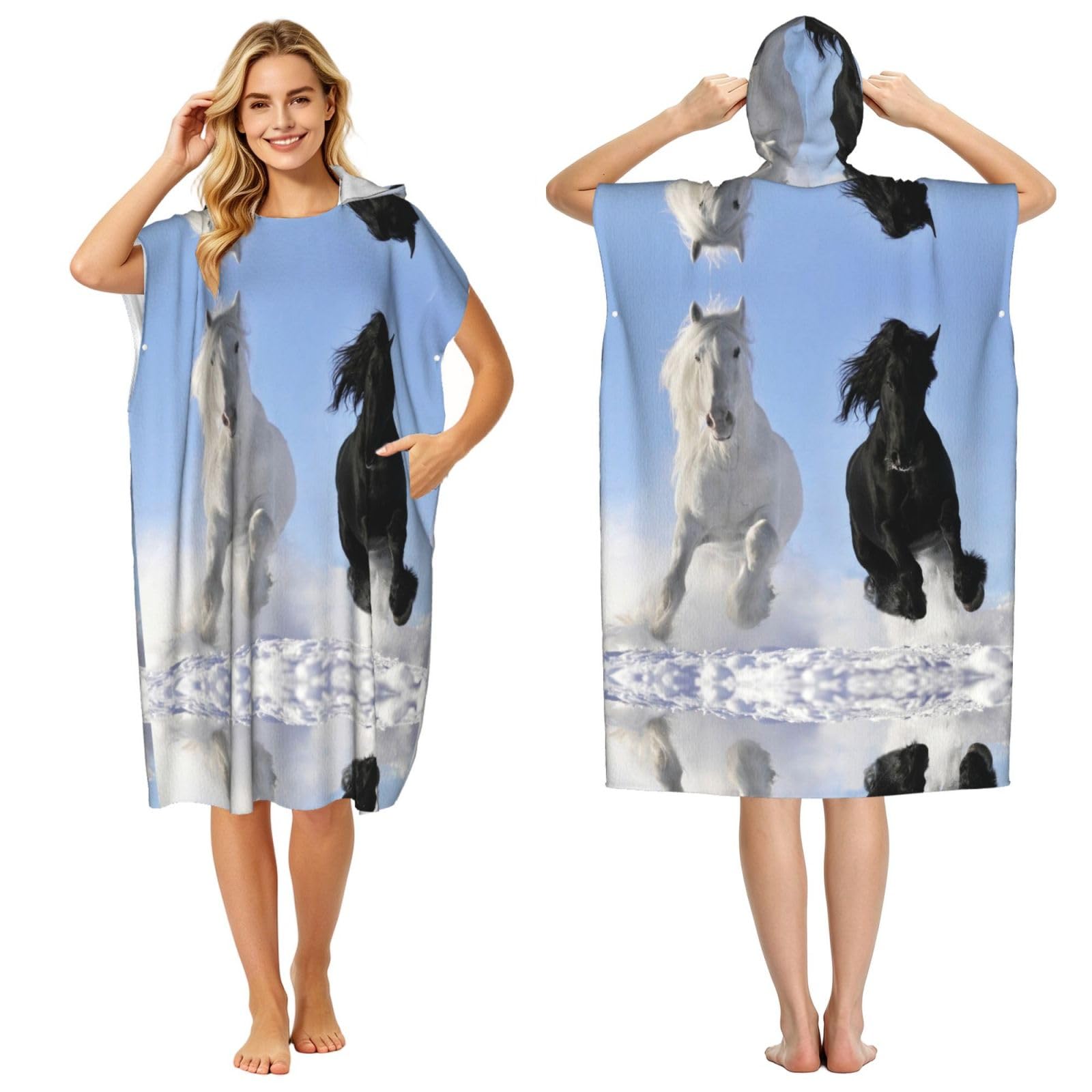 Poncho surf microfibre adulte imprimé chevaux pour la plage et piscine