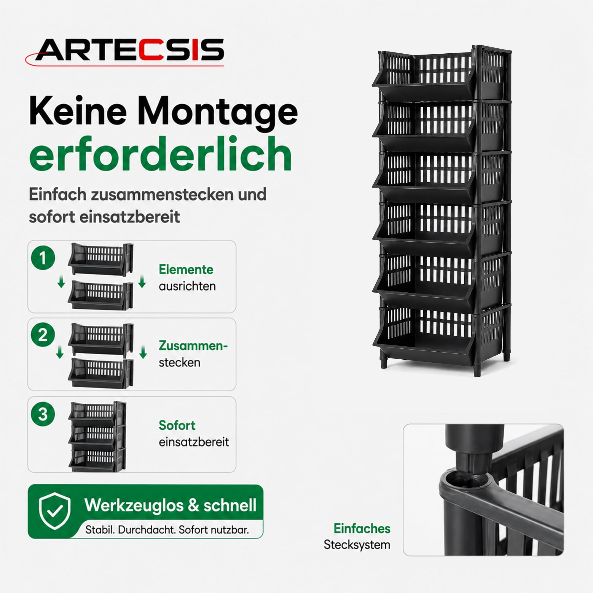 ARTECSIS® Korbregal aus Kunststoff mit 12 Körben stapelbar & modular erweiterbares Stecksystem schwarz 110cm hoch - Kellerregal & Vorratsregal für Lagerung - Abstellraum Steckregal & Lagerregal