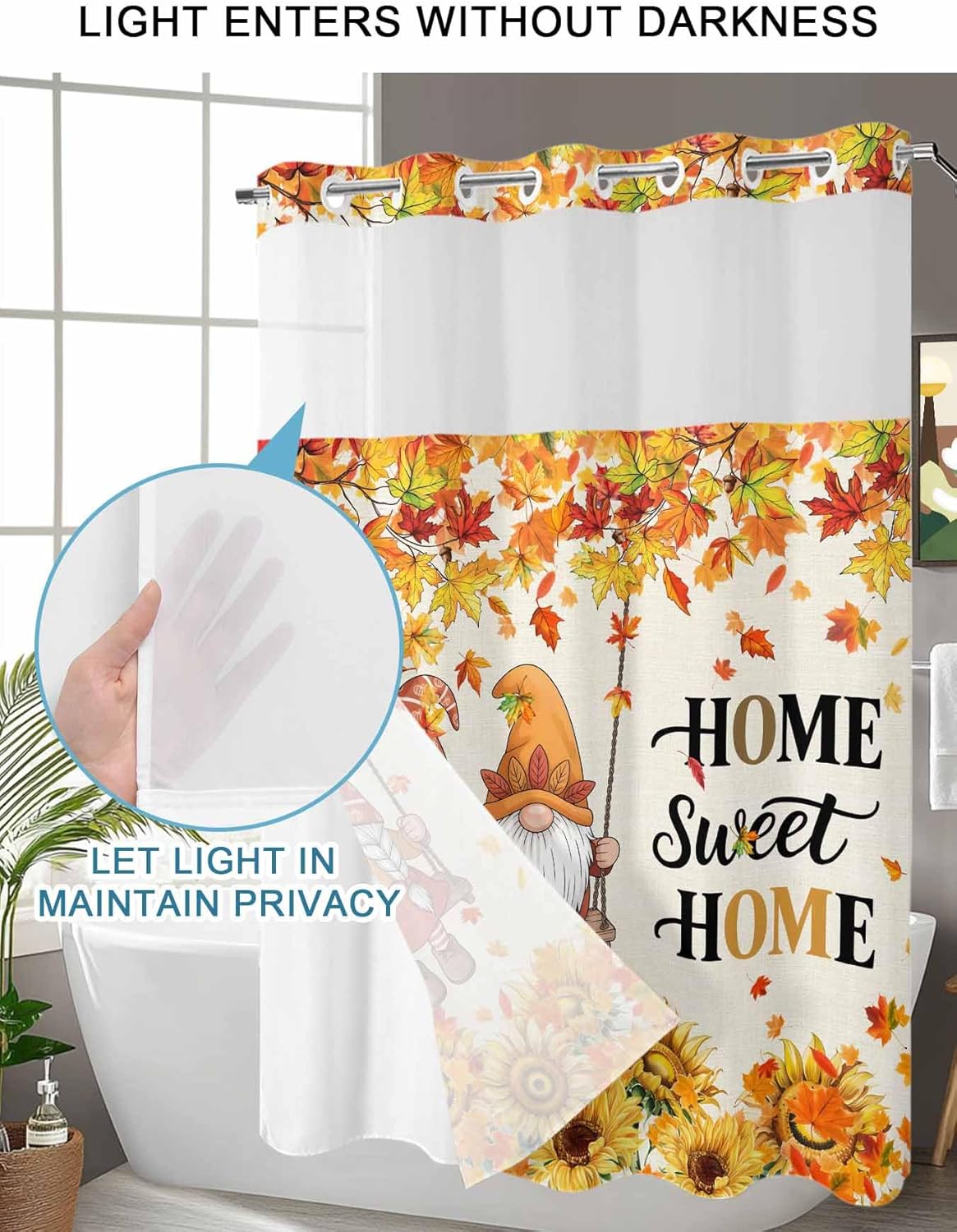 Teamery No Hook Shower Curtain with Snap in Liner, Sweet Home Words on Linen Curtain Set See-Through Top Double Layers Fabric Shower Curtains Thanksgiving Gnome Sunflower for Bathroom Decor, 36x72in