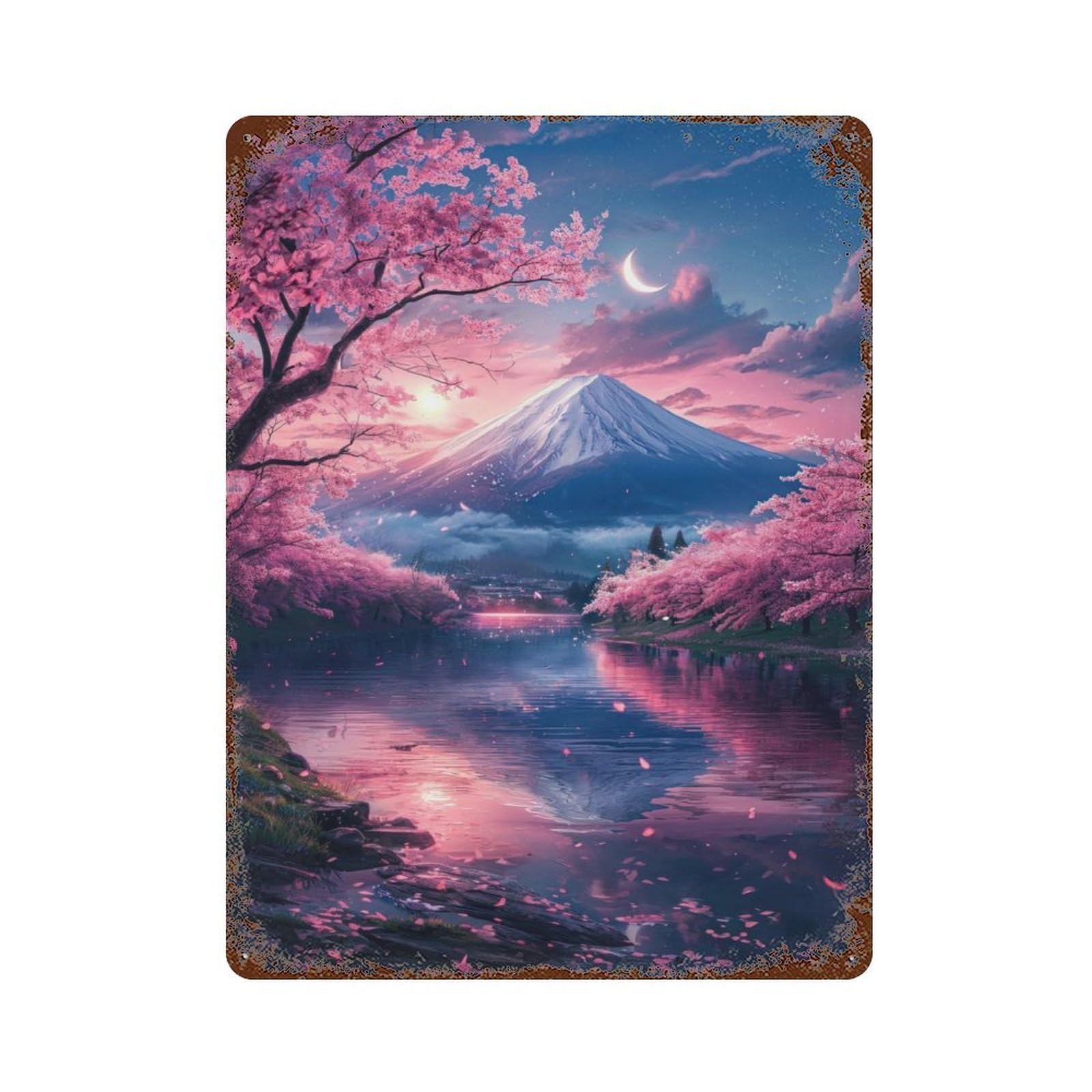 Garage Style Japan Sakura in Mount Fuji Vintage Rust Metal Sign 15.7"x11.8", Rustic Home Decor for Bar And Workshop