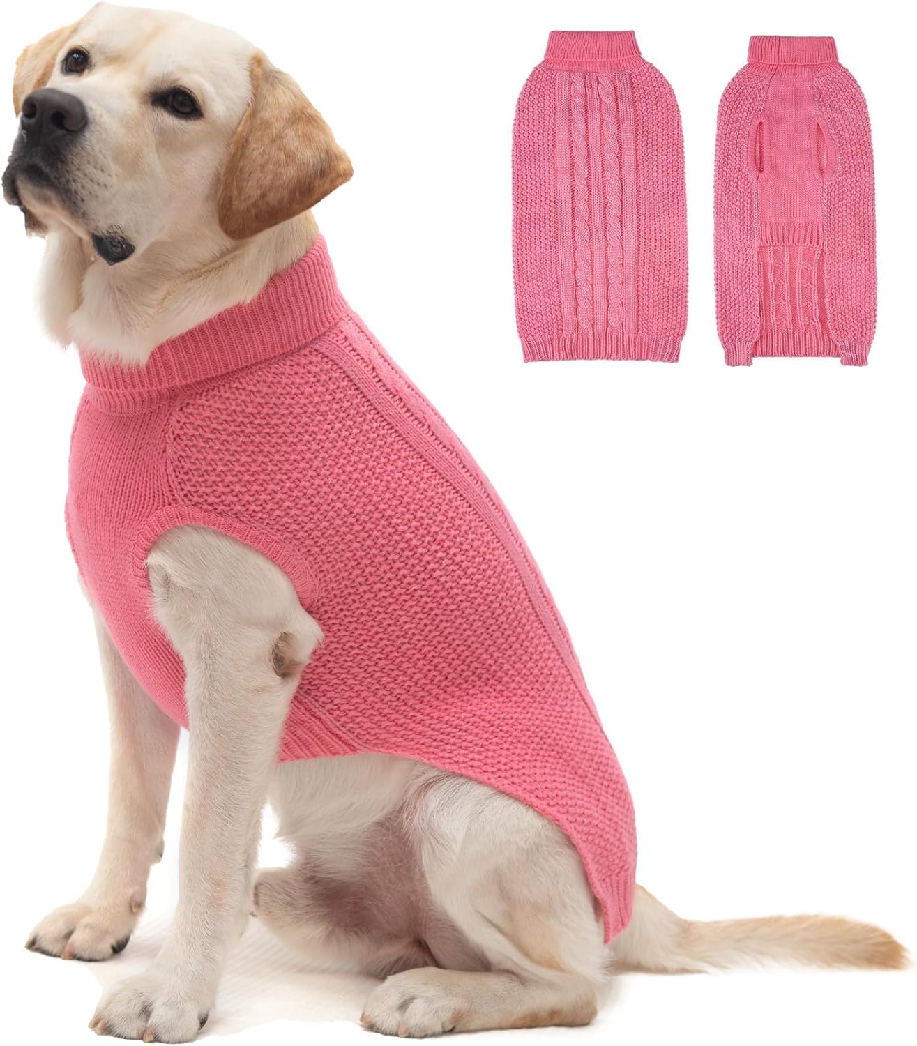 Large Dog Sweater, Classic Cable Knit Warm Dog Sweatshirt with Reflective Yarn for Girl Boy, Halloween Fall Winter Coat Turtleneck Pullover Clothes Apparel for Small Medium Large Dogs (Pink L)