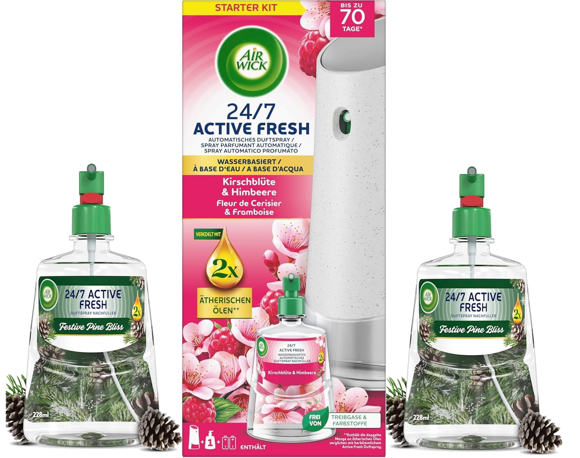 Air Wick Active Fresh Automatisches Duftspray Bundle – Automatisches Starter Set & Nachfüller – 1 x Kirschblüte & Himbeere + 2 x Festive Pine Bliss – Wasserbasiert, 3x 228ml