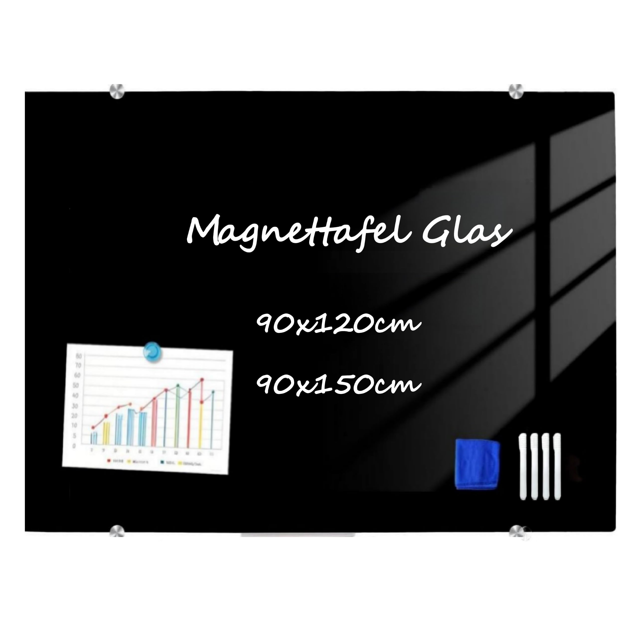 XIWODE Magnettafel Glas 90x120 Schwarz - Hochwertiges Rahmenloses Whiteboard, Abwischbare Glas-Pinnwand Große mit Zubehör (4 Marker, 2 Magnete, Schwamm) für Büro & Zuhause