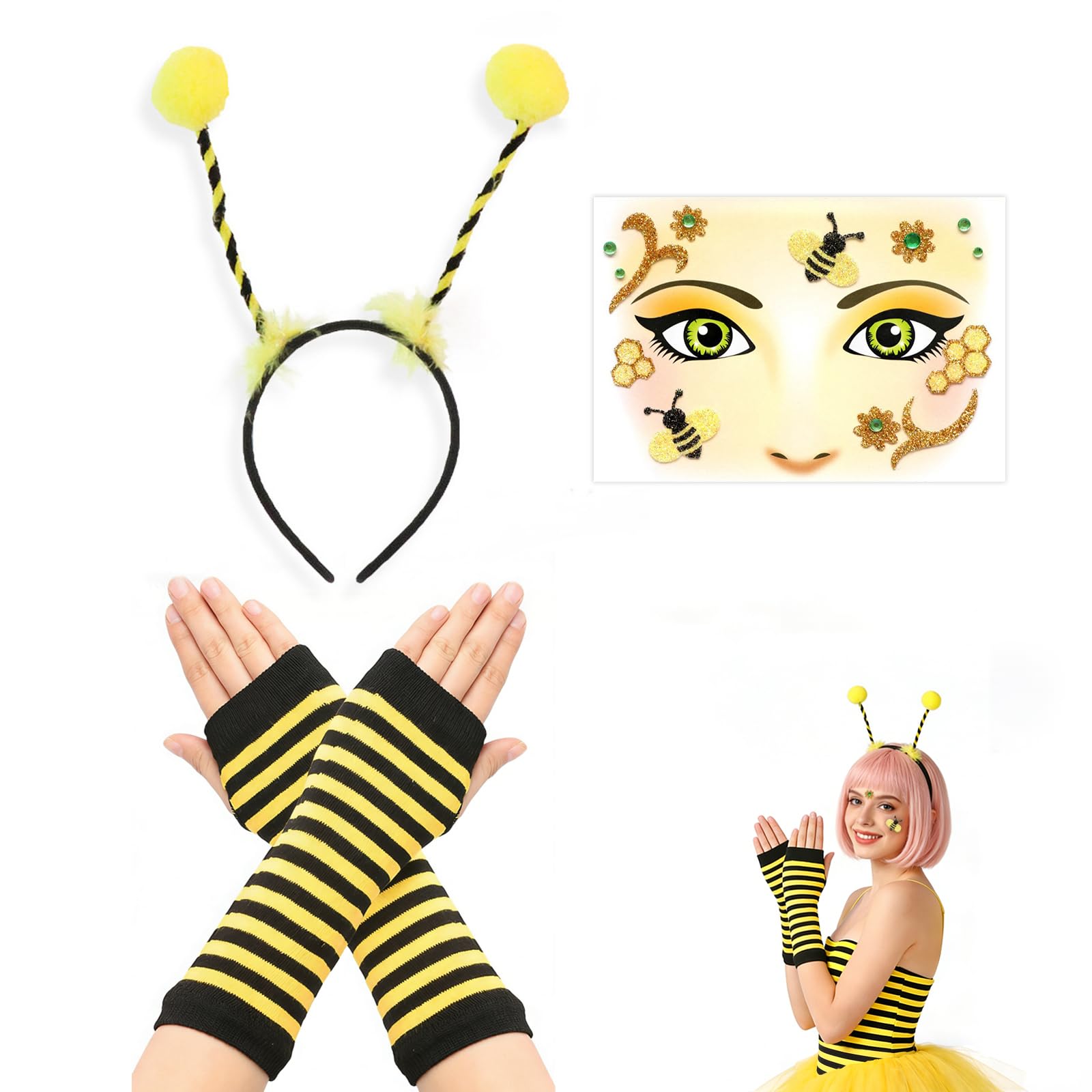 Disfraz Abeja Mujer 3 Piezas para Carnaval, Accesorios Cosplay con Diadema Abeja, Guantes sin Dedos Rayados y Pegatina Facial – Adultos Fiesta Temática