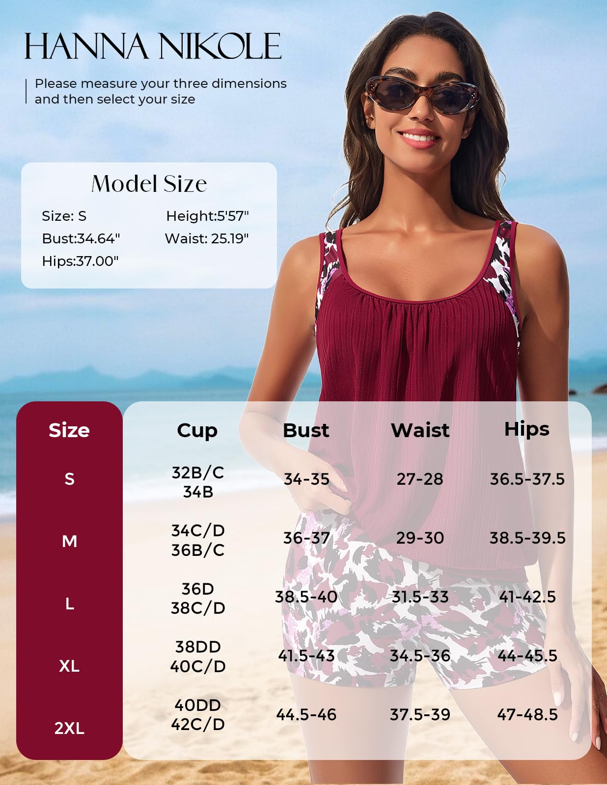 Hanna Nikole Tankini sportivo da donna, per il tempo libero, costume da bagno a due pezzi, motivo floreale, top imbottito con pantaloncini