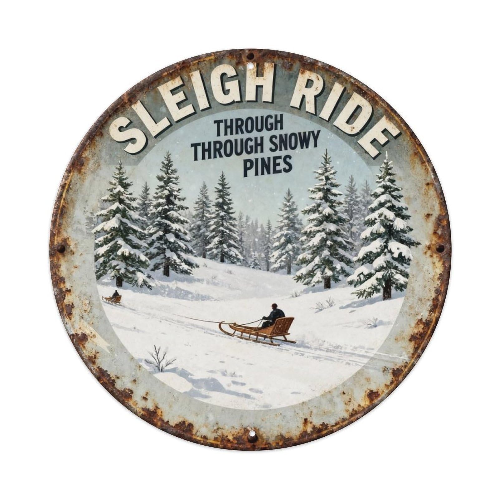 Sleigh Ride through Snowy Pines Metal Tin Sign Plaque