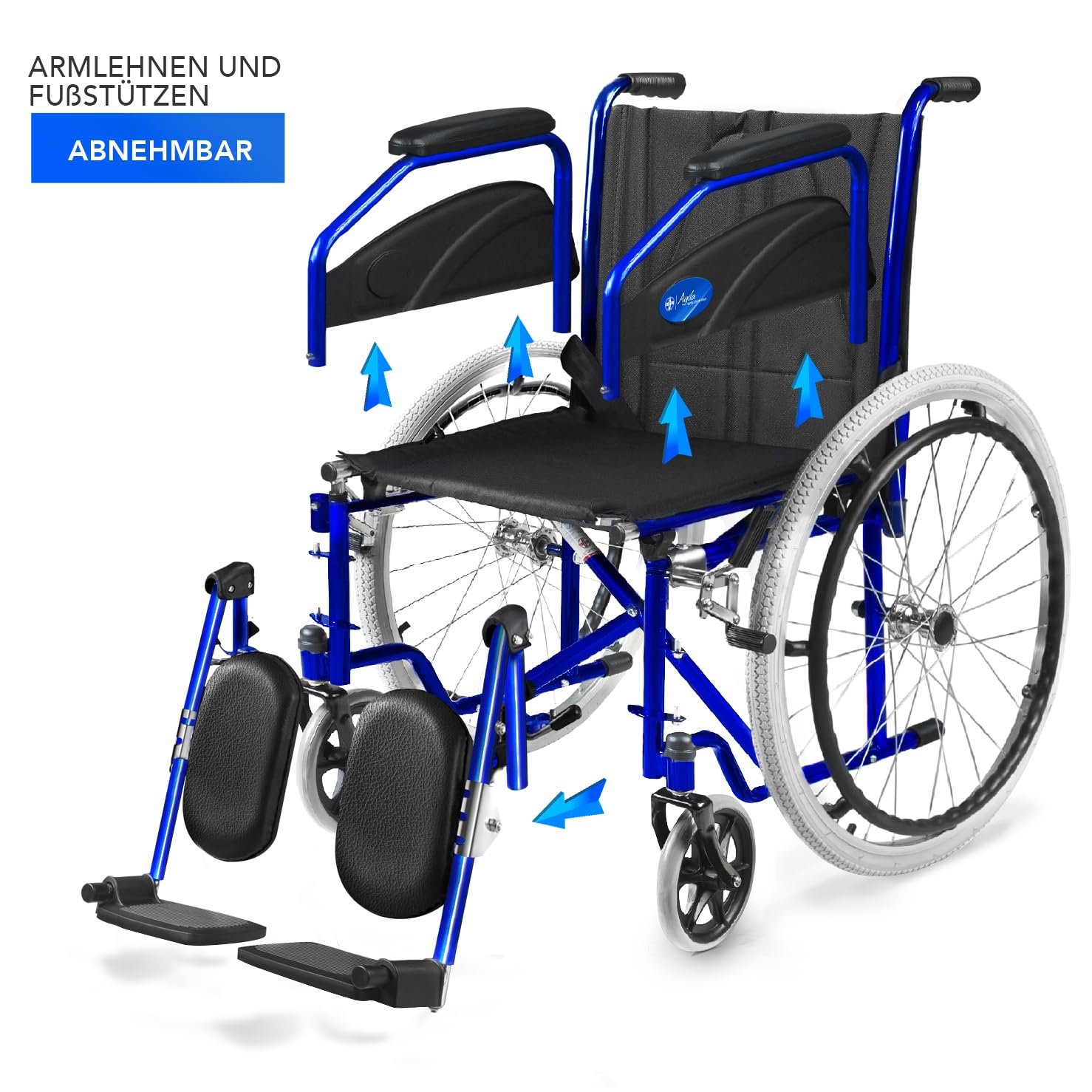 AIESI® Rollstuhl Faltbar leicht selbstfahrend mit hochfahrbaren und verstellbaren Fußstützen AGILA EVOLUTION PLUS, Abnehmbare Armlehnen, Sicherheitsgurt, Inflationspumpe, 24 Monate Garantie