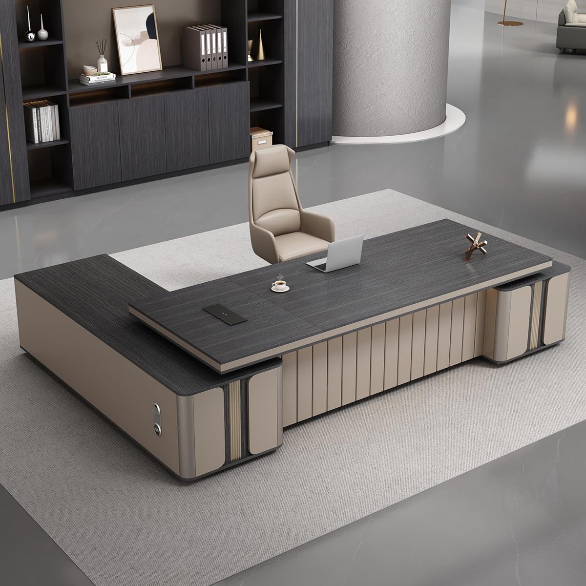 DUWEIKE L Shaped Computer Desk with Storage Cabinet, Home Office Corner Executive Desk, Modern Business Furniture for Study Workstation,2.4m