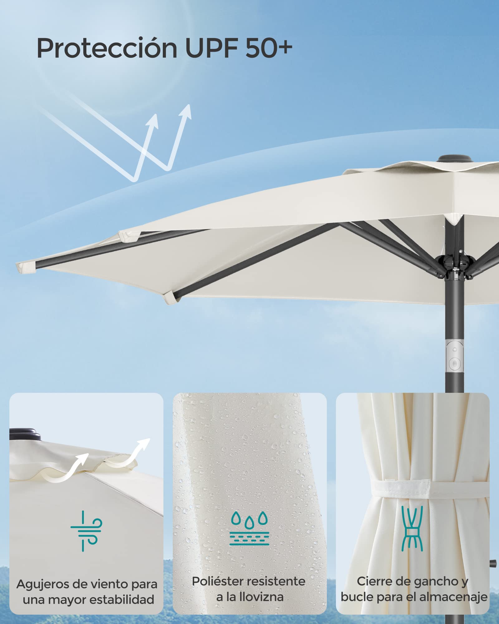 SONGMICS Sombrilla de Jardín 210 cm, UPF 50+, Parasol, 30°de Inclinación en dos Direcciones, con Manivela, para Patio, Terraza, Balcón, Piscina, sin Base, Beige GPU202M01