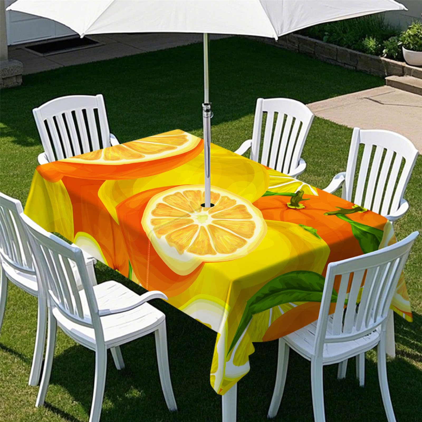 Odot Tablecloths Rectangular Wipe Clean with Umbrella Parasol Hole and Zipper, Table Cover Waterproof Garden Outdoor Table Cloth for Garden, BBQ, Party, 3D Orange Lemon (Orange,213x152cm)