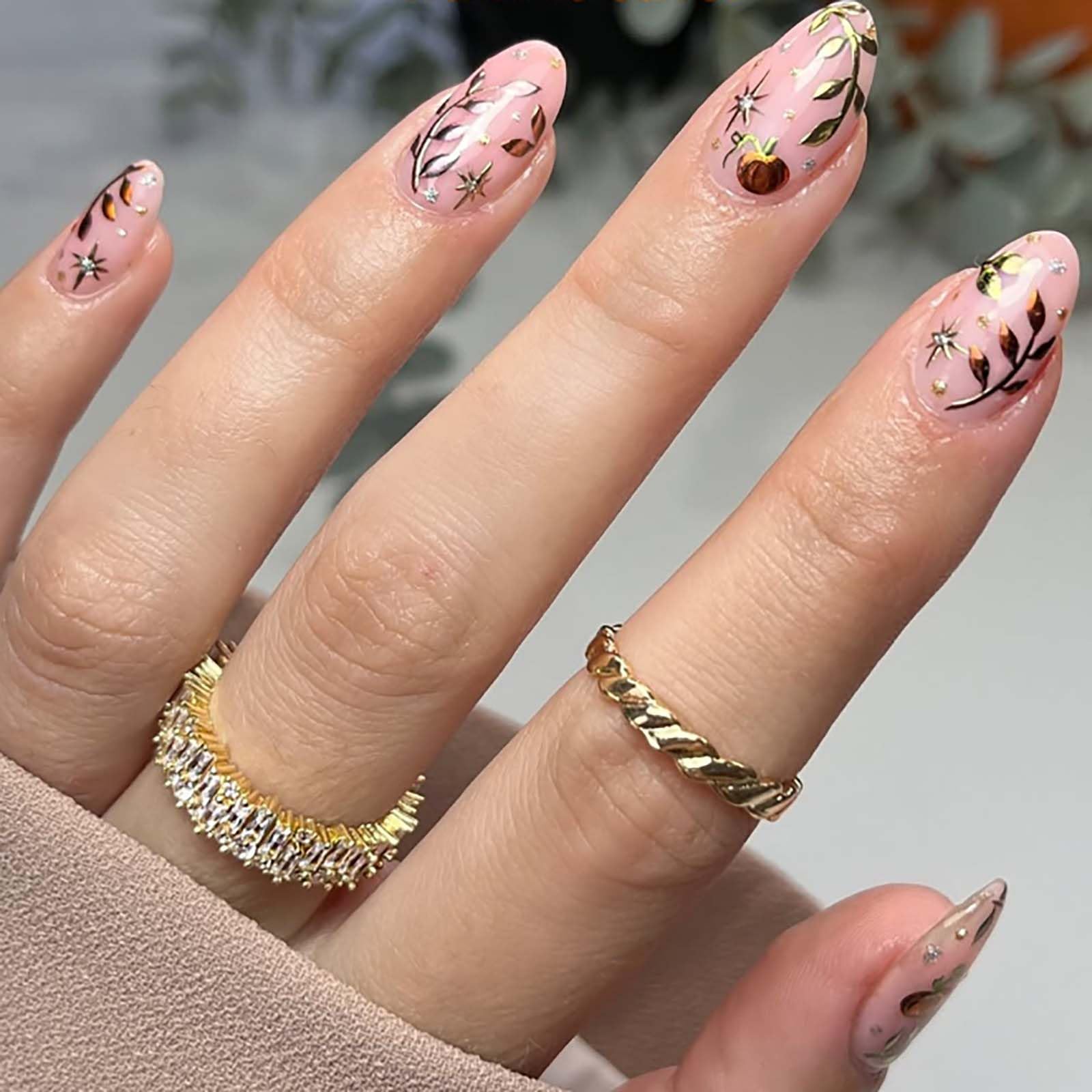 24 PCS Pumpkin Leaves Press On Nails Short Almond Shape, Autumn-Inspired False Nails with Elegant Pink Base